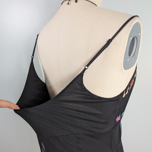 Y2K Midi Dress Cocktail Gown 14 Black Fairy Goth Vintage Floral Embroidery Mesh - Picture 8 of 12